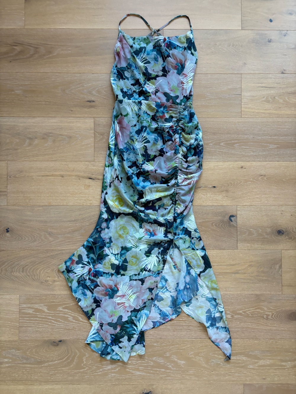 Sau Lee Freida Blue Moody Floral Asymmetrical Dress Mermaid Wedding Guest Size 6 - Picture 5 of 14